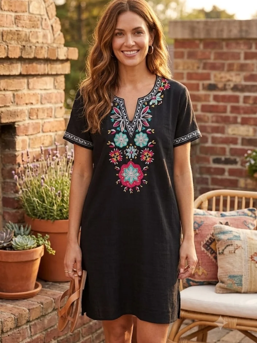 THML Black Tunic Dress with Pink and Teal Embroidered Floral Motif